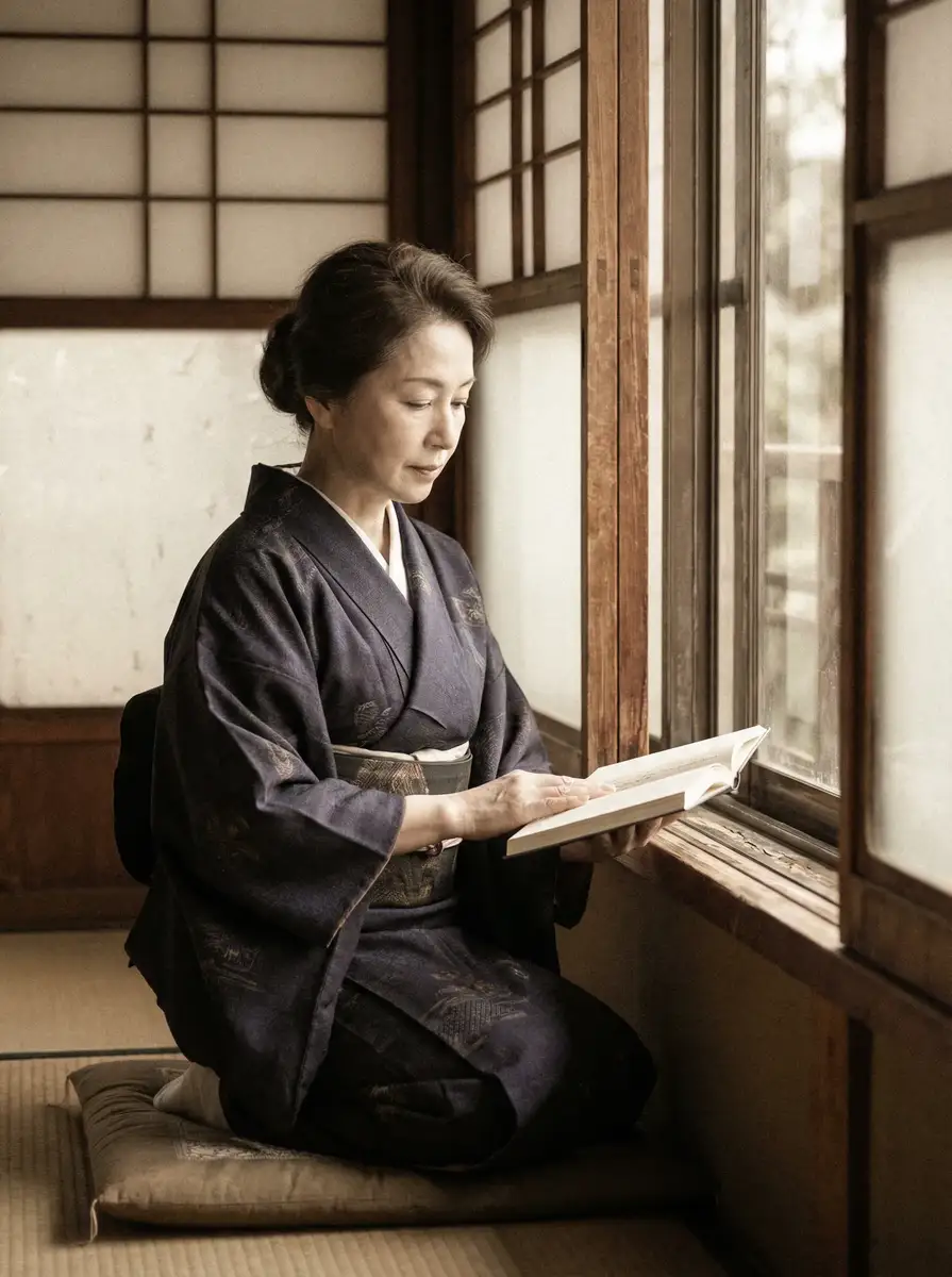 一位优雅的五十岁 性欧美长视频免费观看 身穿深蓝色和服，在窗边静读